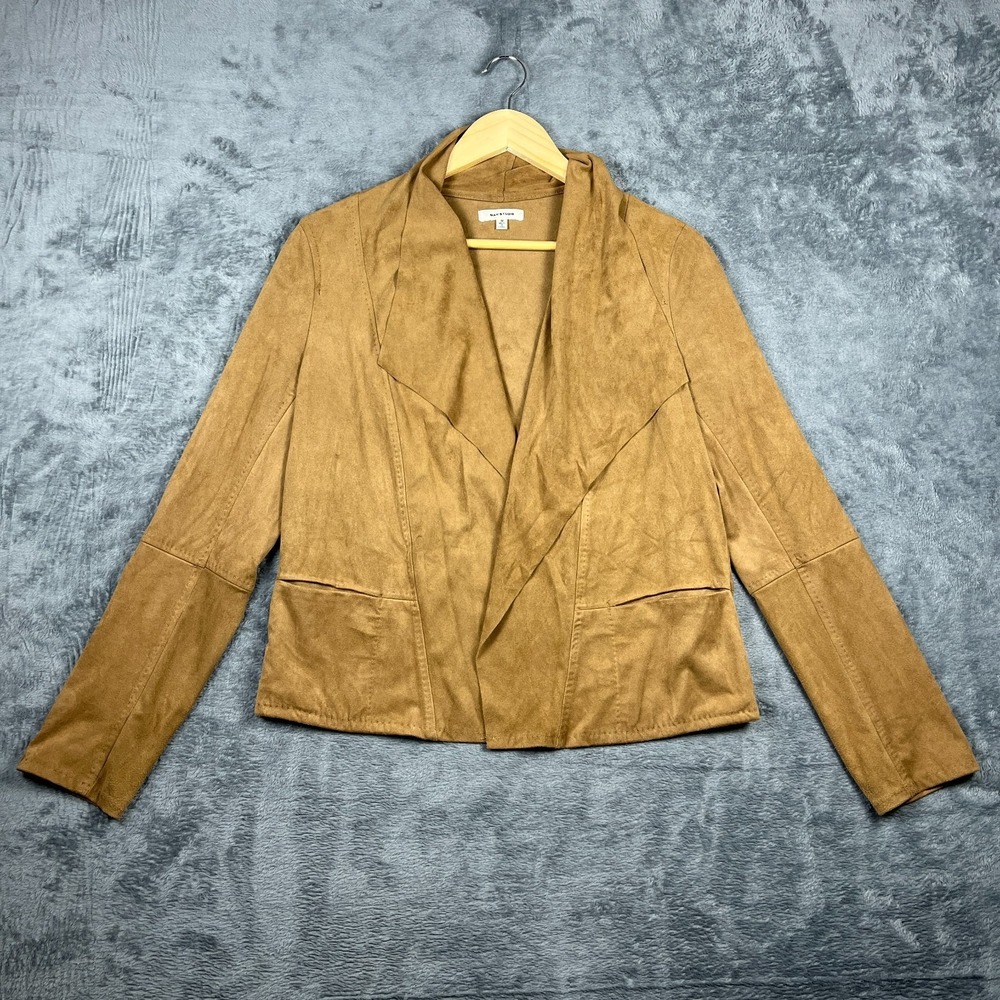Max Studio Faux Suede Jacket Women M Brown Draped Waterfall Collar Open Front